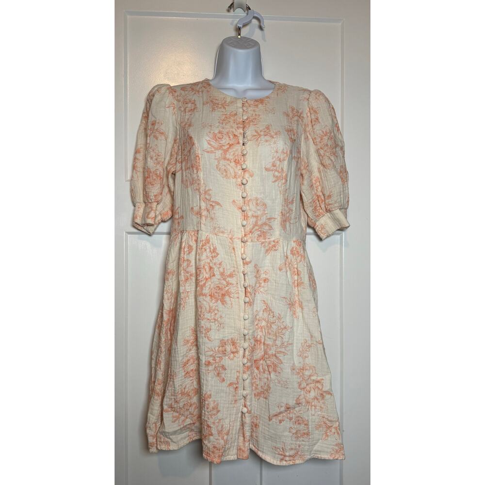 Olivaceous Floral‎ Print Dress Peach Off White Buttons Size MED Cotton